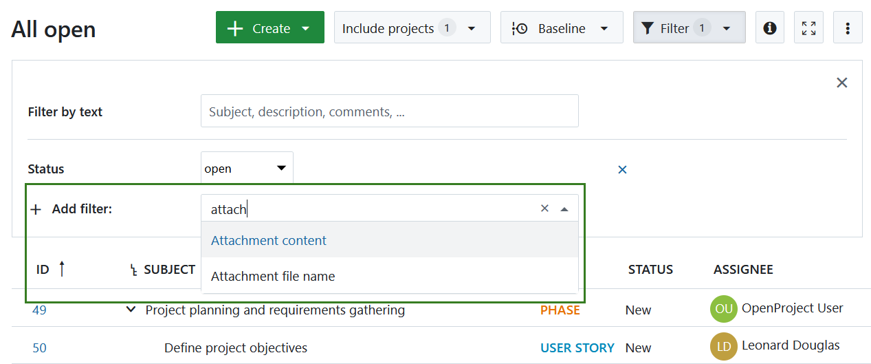 Filter a work package table by work package assignee