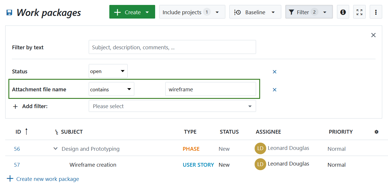 Filter a work package table by attachment name