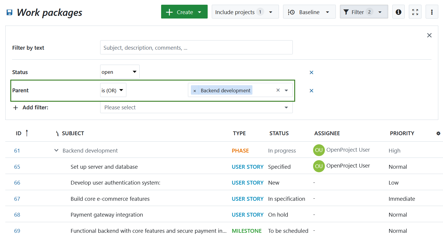 Filter to include all children of a work package in a work package table in OpenProject