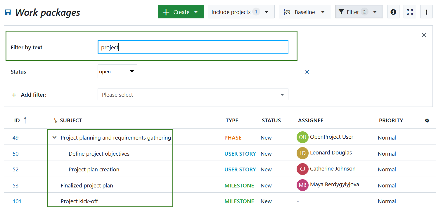 Filter OpenProject work package table by text