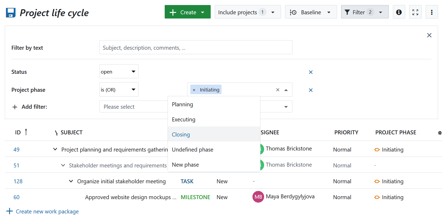 Project phase filter in work packages table in OpenProject