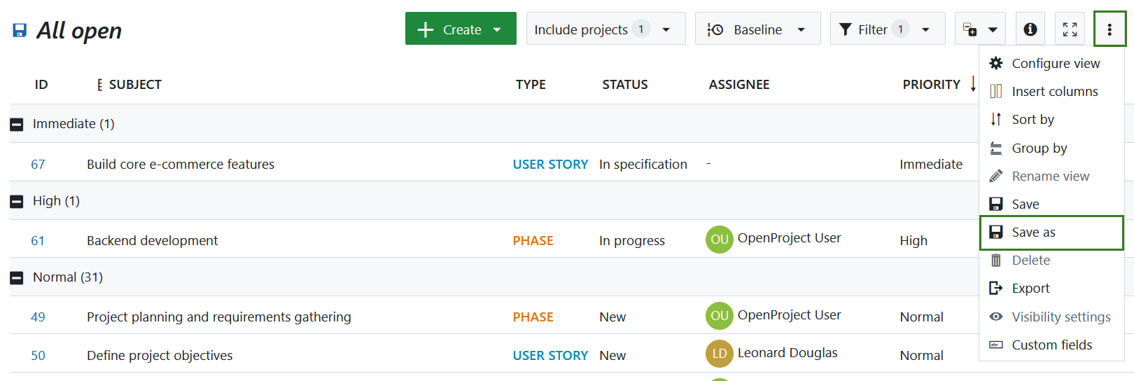Button to save a work package table configured view