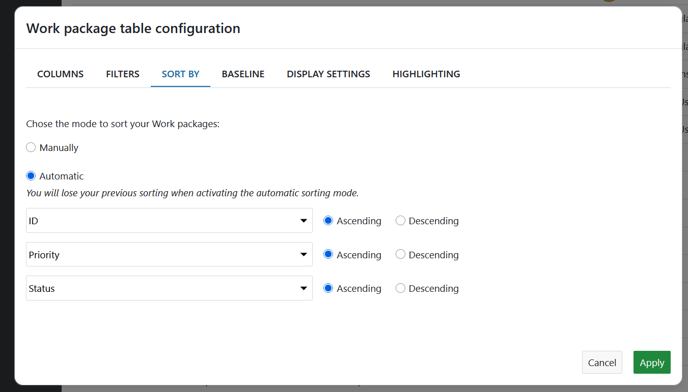 Sorting criteria in work package configuration in OpenProject