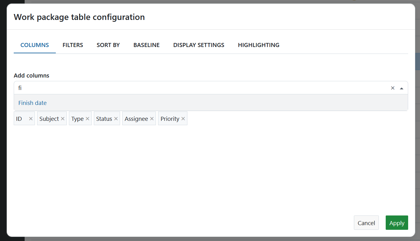 Work package table configuration form in OpenProject
