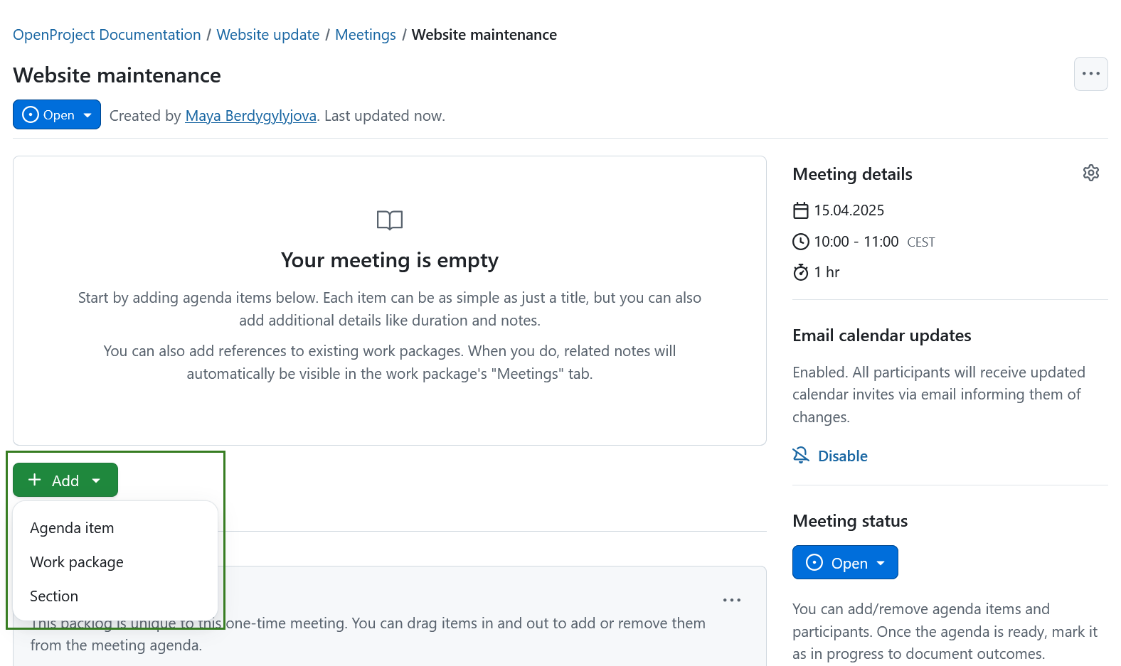 The add button in OpenProject meetings module with three choices: section, agenda item or work package