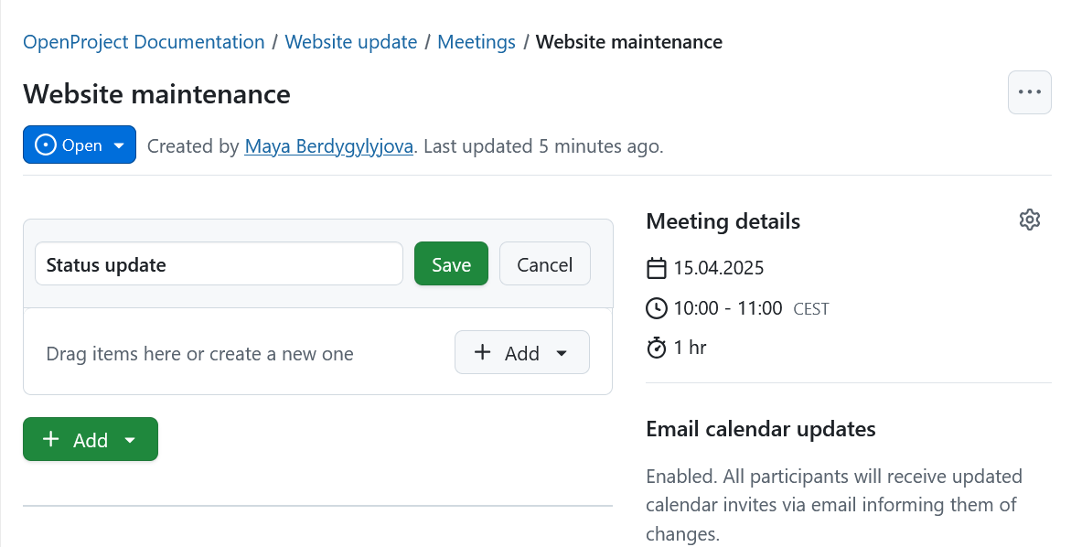 Add a new section to a meeting agenda in OpenProject