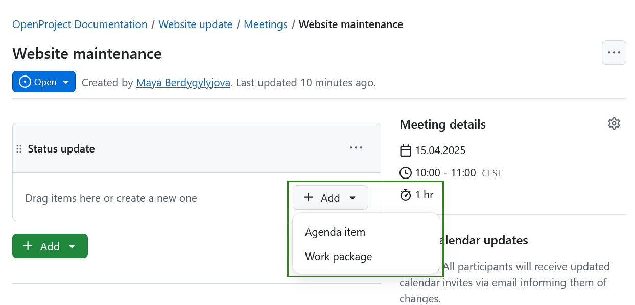 Add an agenda item to a meeting section