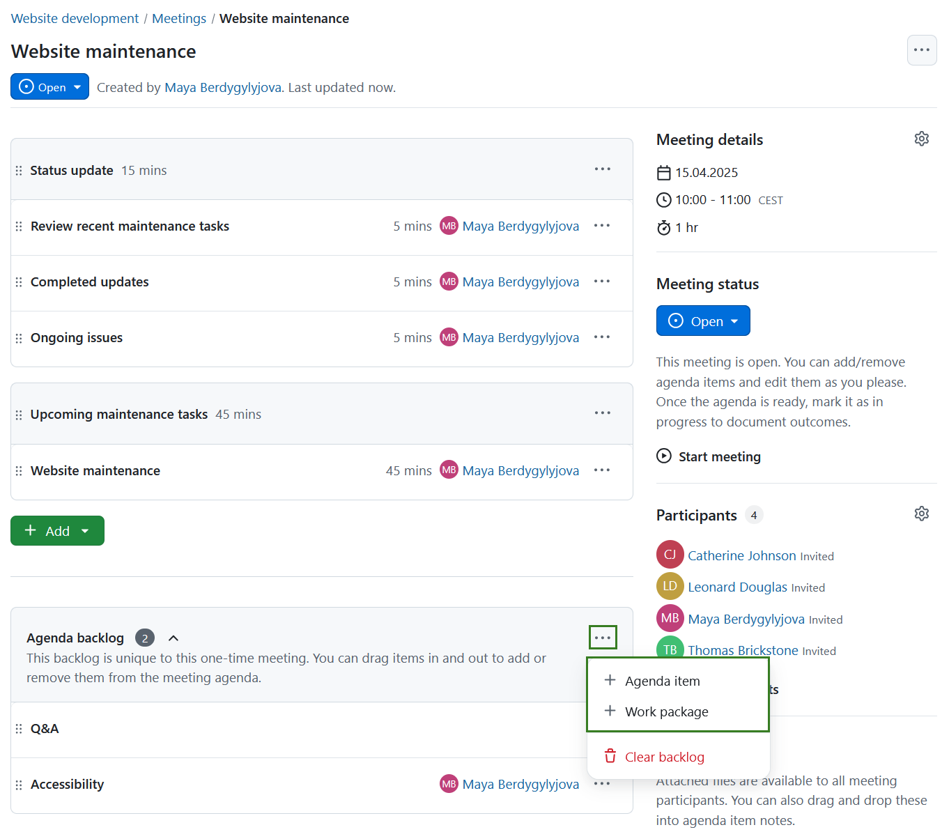 Agenda backlog in a single meeting in OpenProject