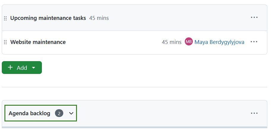 Agenda backlog section title collapsed, in OpenProject one-time meeting