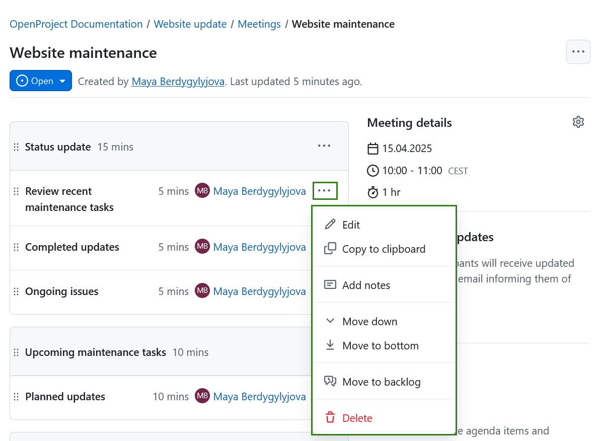 Menu showing options to edit agenda items in OpenProject meetings