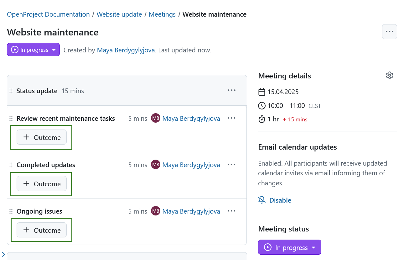 Button to add an agenda outcome in OpenProject meetings