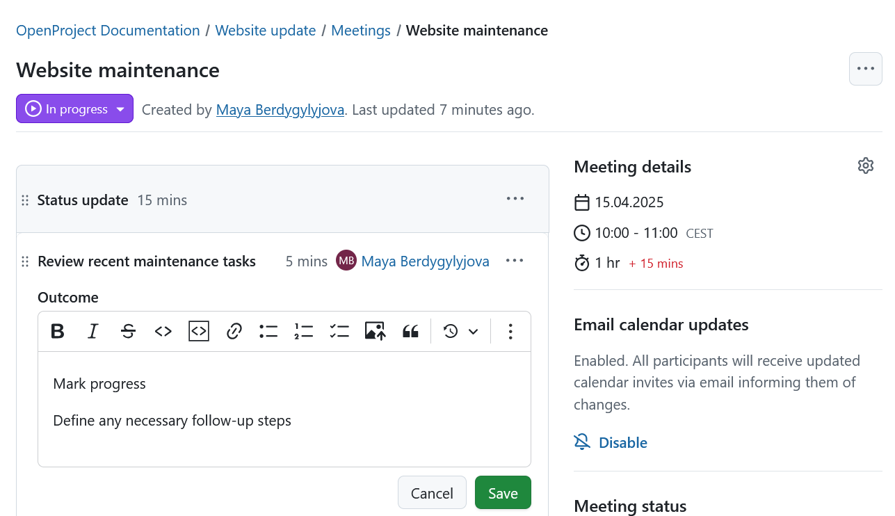 Editor to enter or edit agenda item outcomes in OpenProject meetings