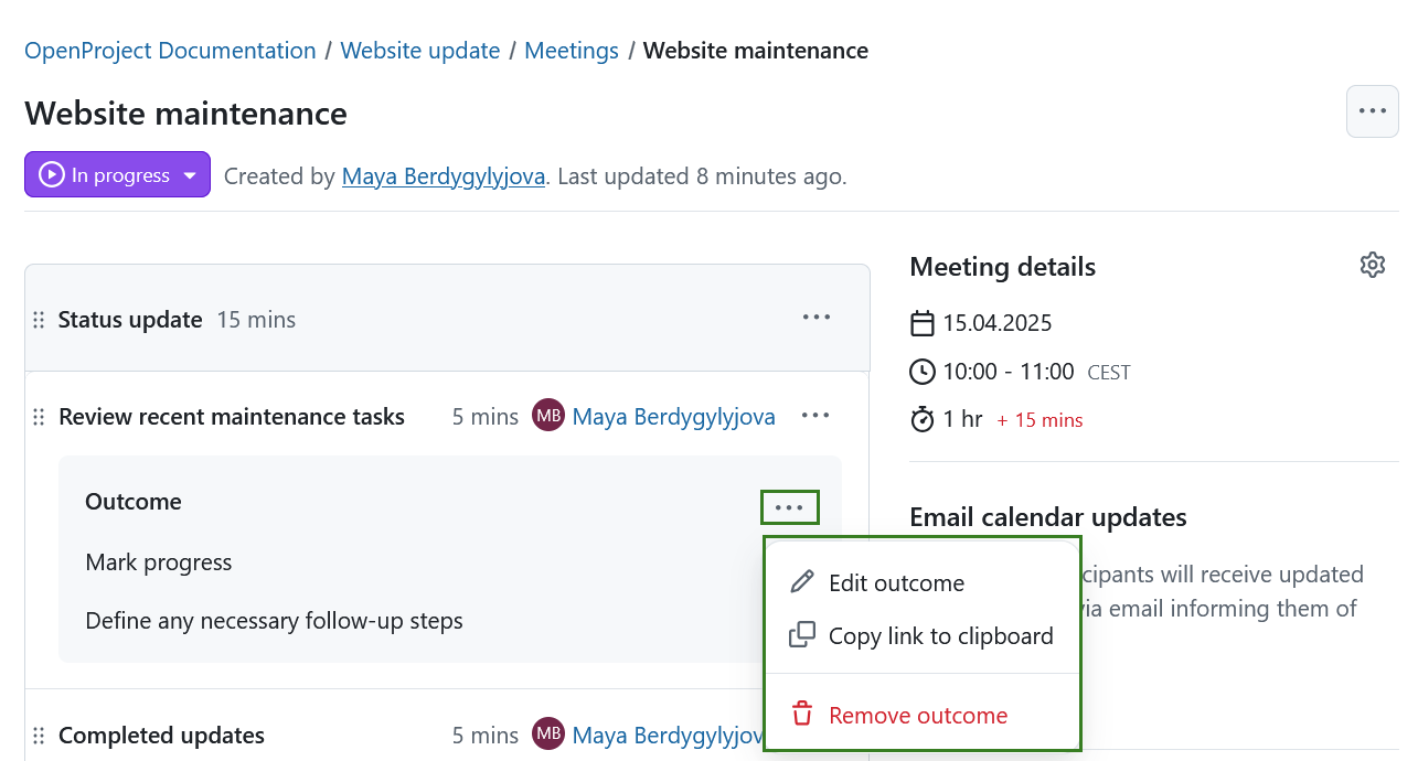 Edit an agenda item outcome in OpenProject meetings