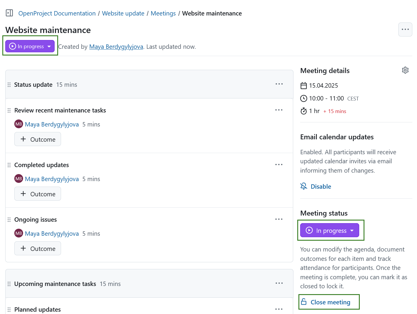 Close a meeting in OpenProject