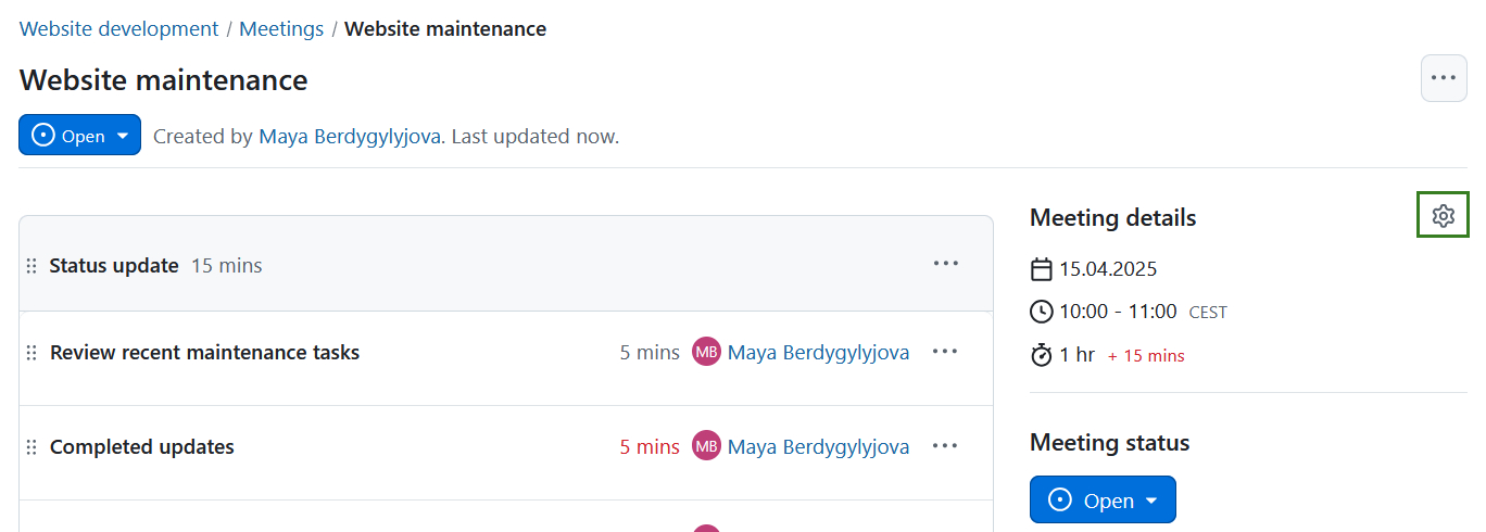 A cogwheel icon to edit a meeting in OpenProject