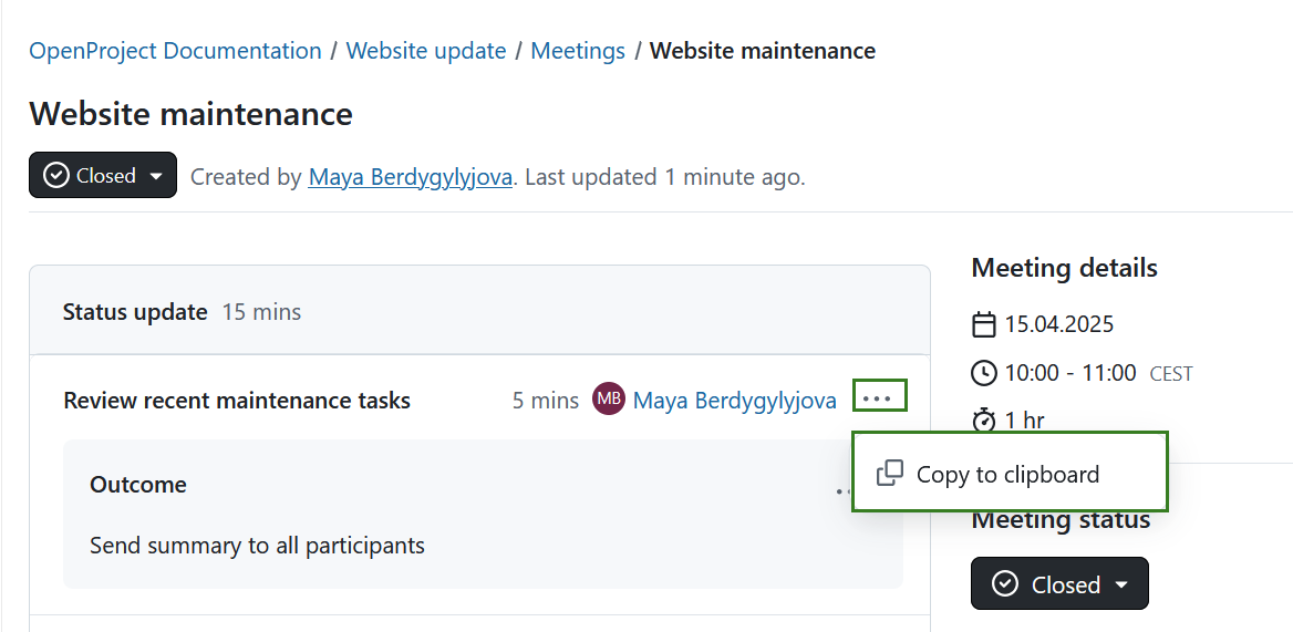 Copy a link to a meeting agenda item in OpenProject meeting