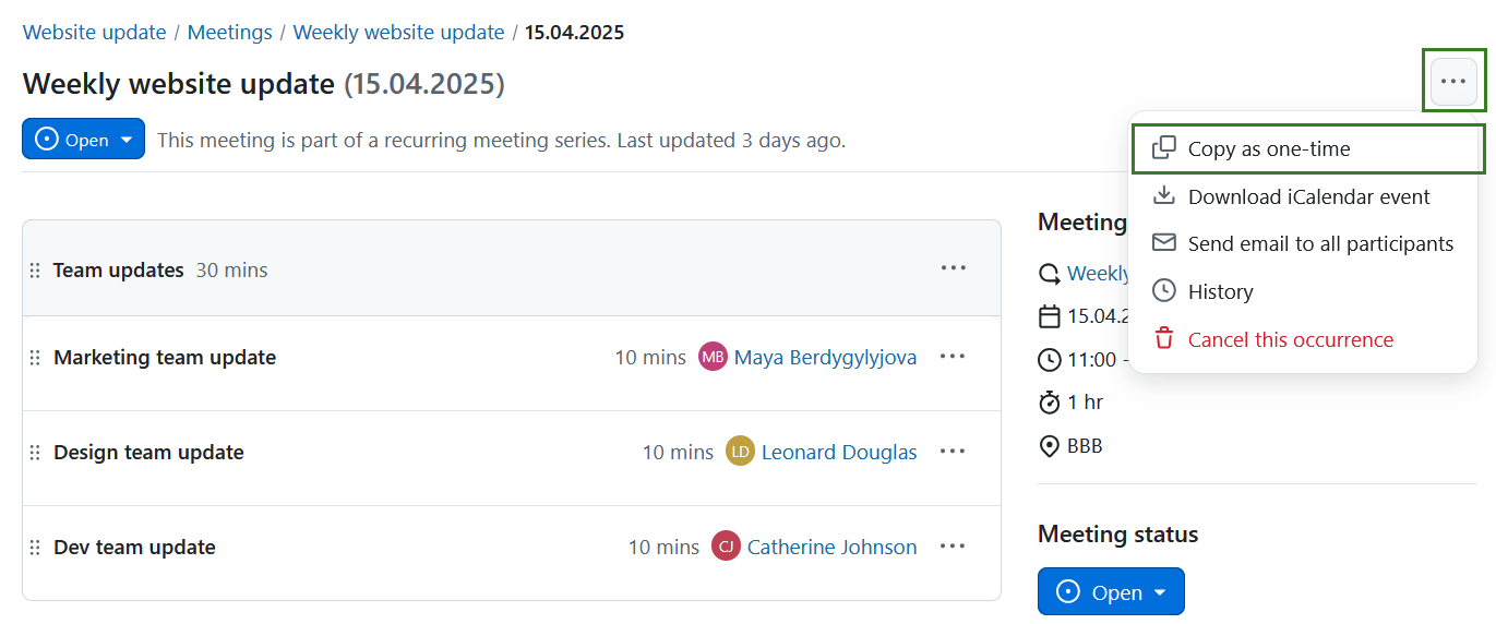 Copy a recurring meeting occurrence as a one-time meeting