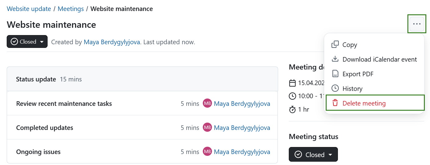 Deleting a meeting in OpenProject