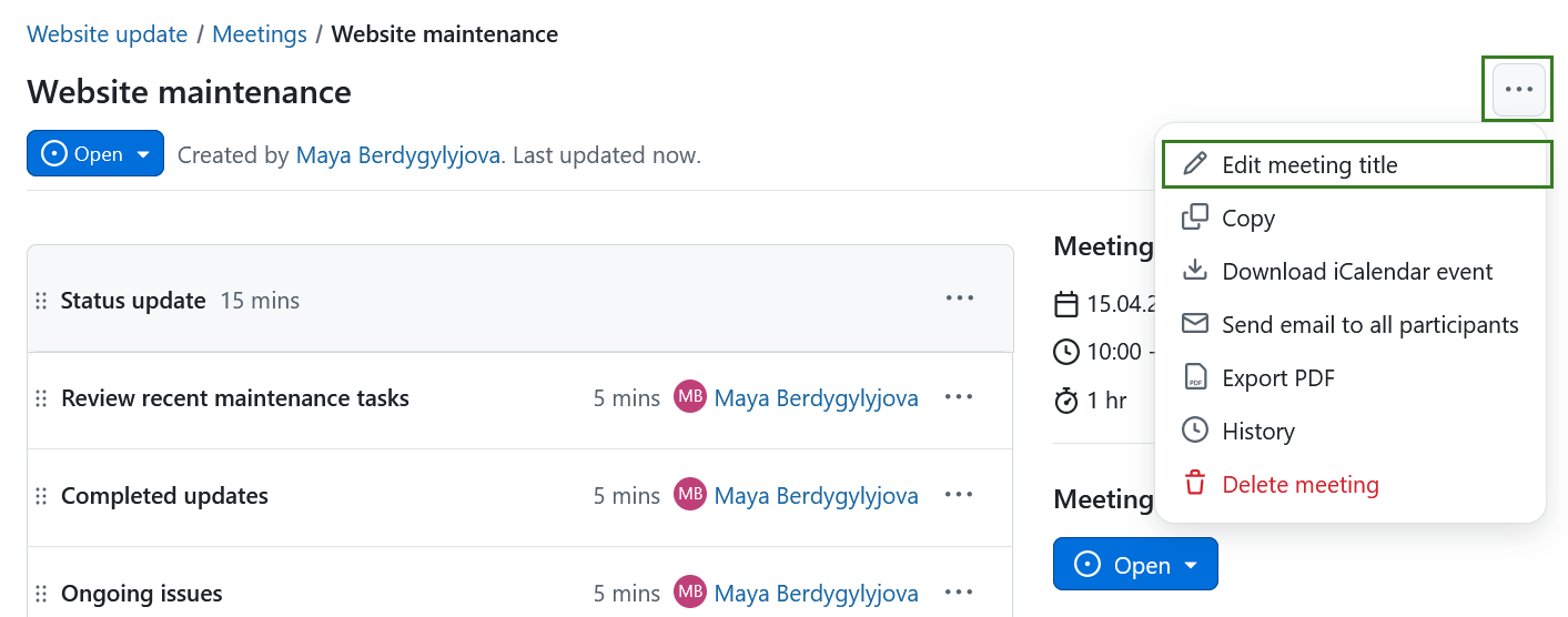Edit a meeting title in OpenProject