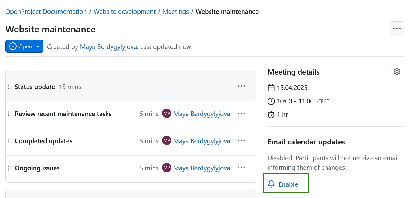 Icon to enable calendar updates for meeting changes in OpenProject one-time meetings
