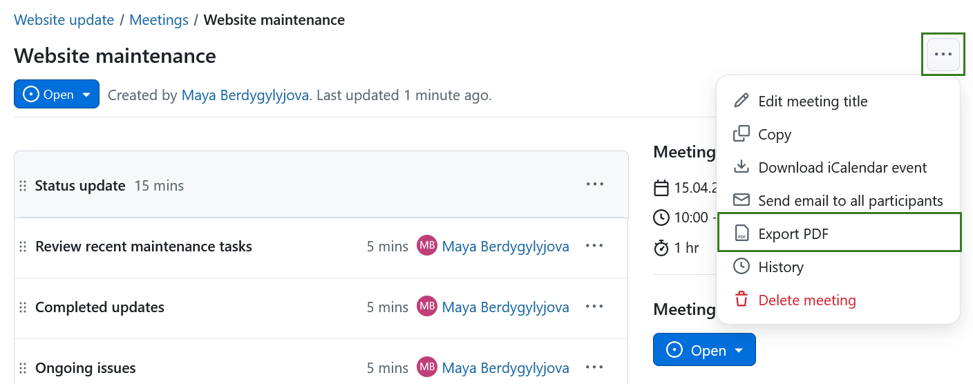 Option to export a meeting in PDF format in OpenProject