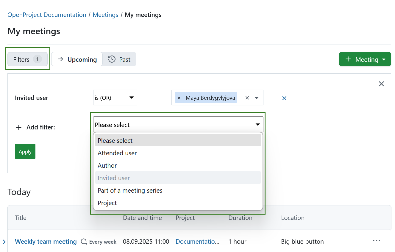 Filter the list of dynamic meetings in OpenProject