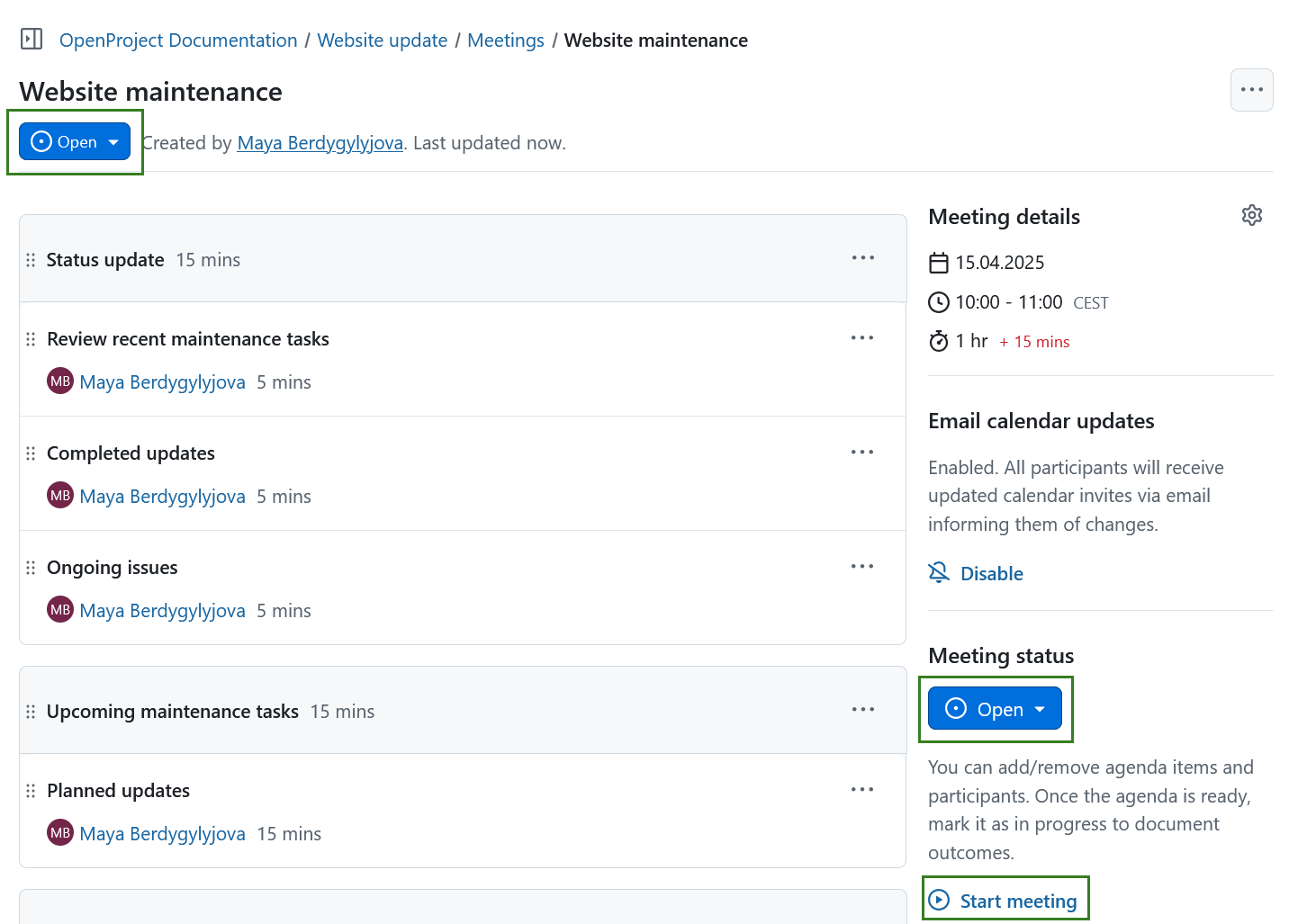 Link to start a meeting in OpenProject