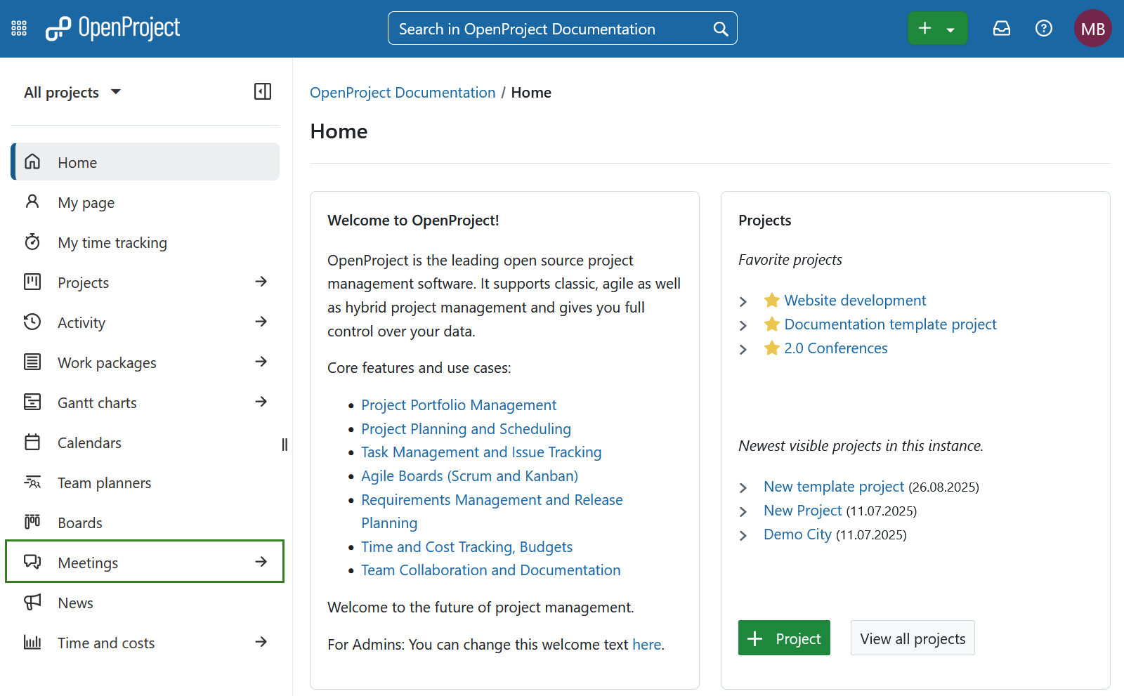 Select meetings module from openproject global modules 
