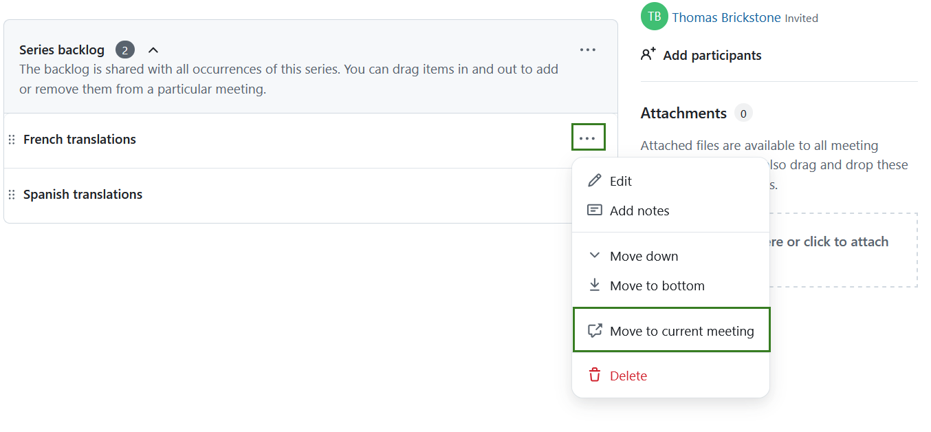 Move agenda items from the series backlog to the agenda in OpenProject Meetings