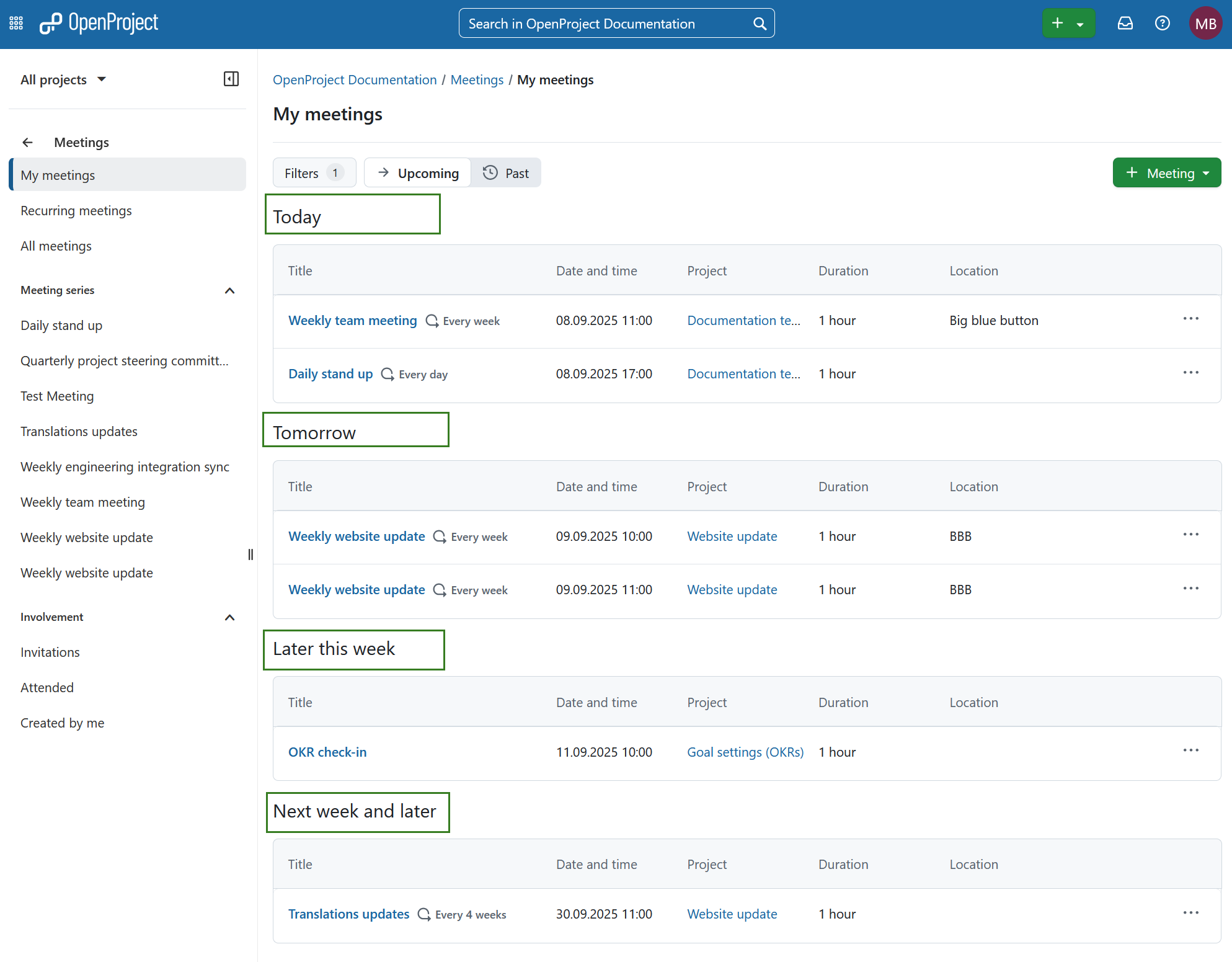 Meetings overview in openproject global modules