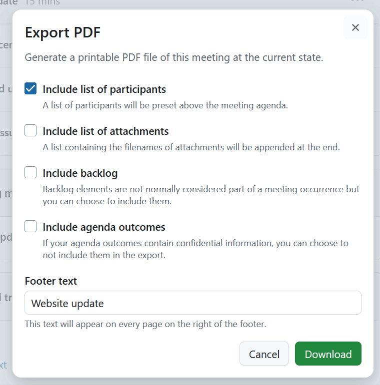 A dialogue to specify the PDF export of a meeting in OpenProject