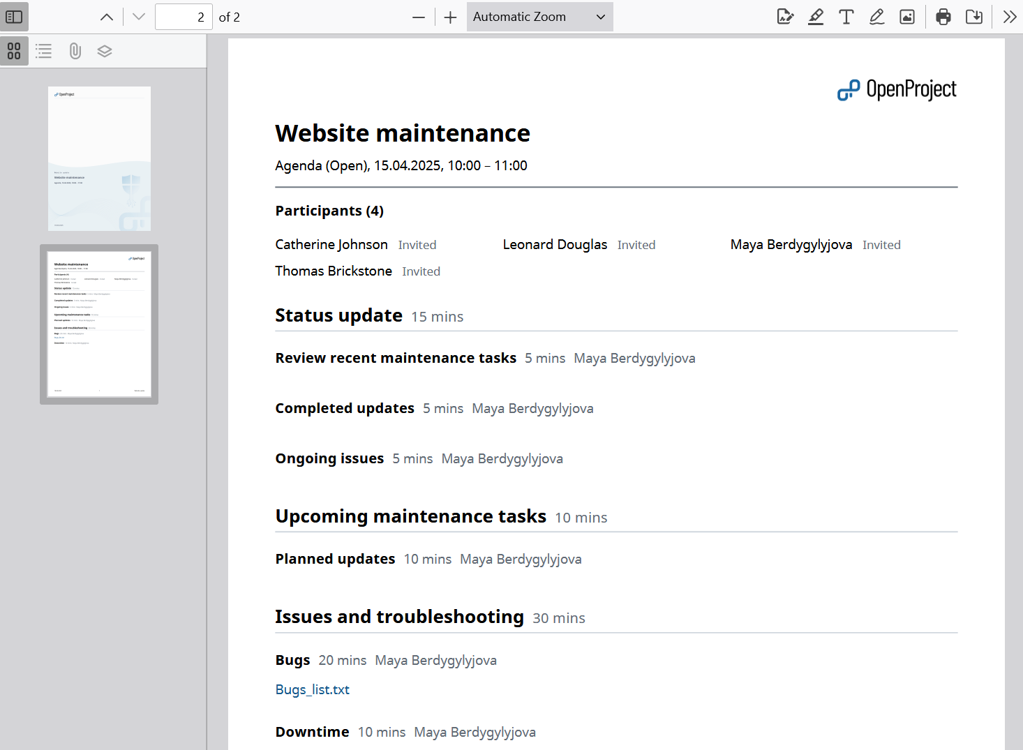 An example of a meeting exported as a PDF file in OpenProject meetings module