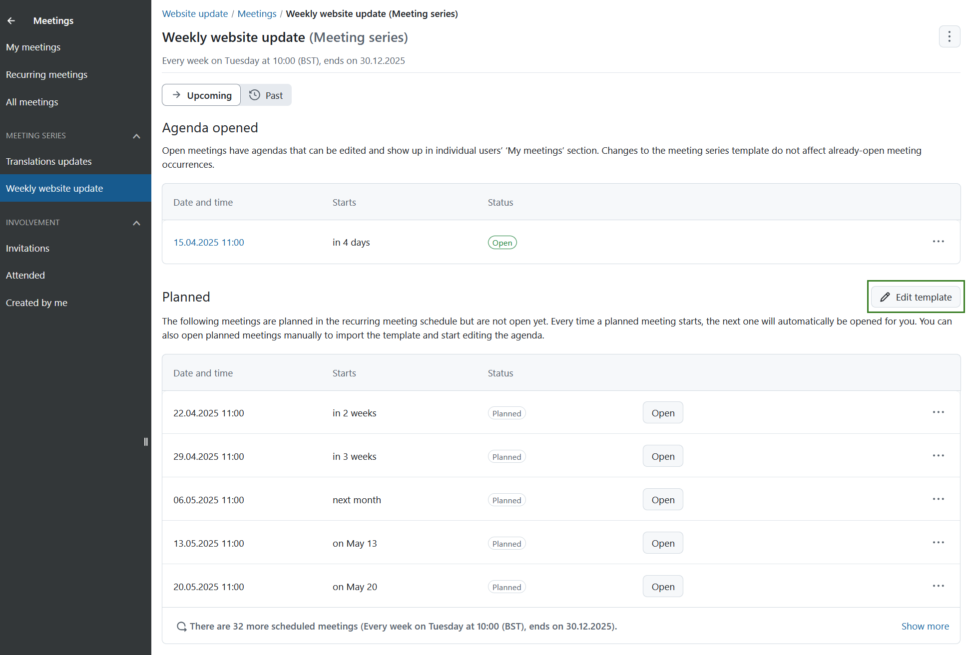 Edit template button for recurring meetings in OpenProject