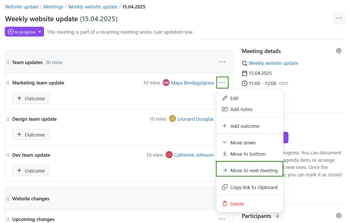 Move an agenda item to next meeting in OpenProject recurring meetings