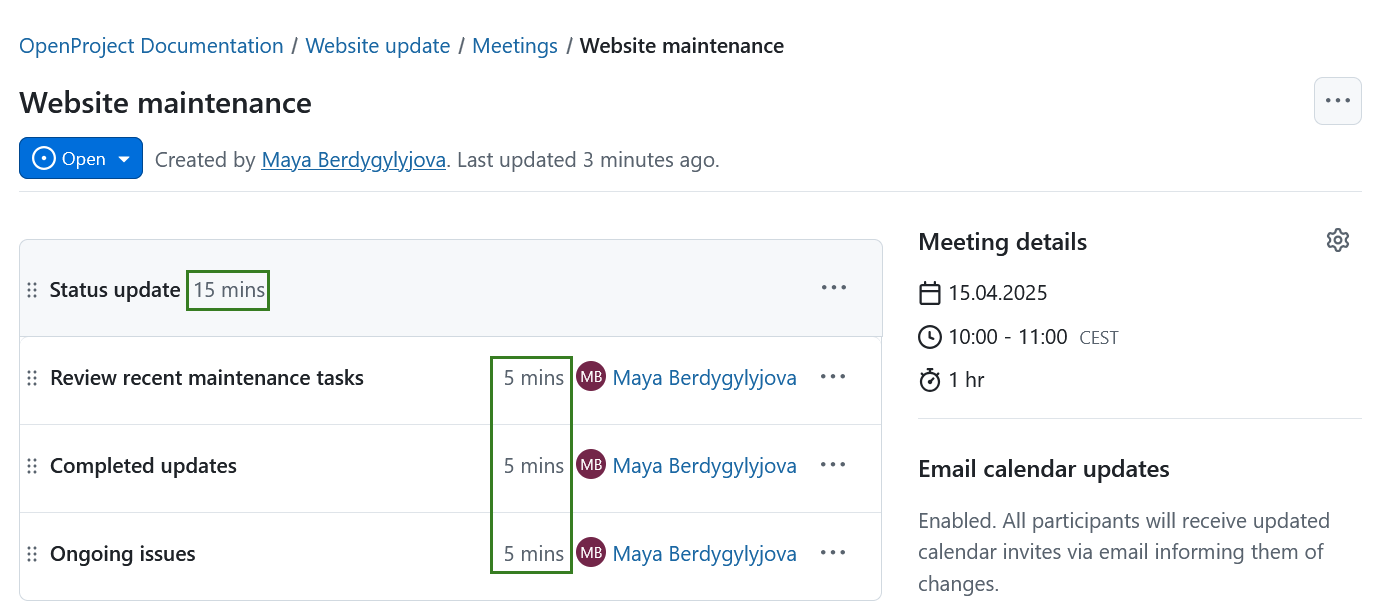 Duration of a section in OpenProject meeting