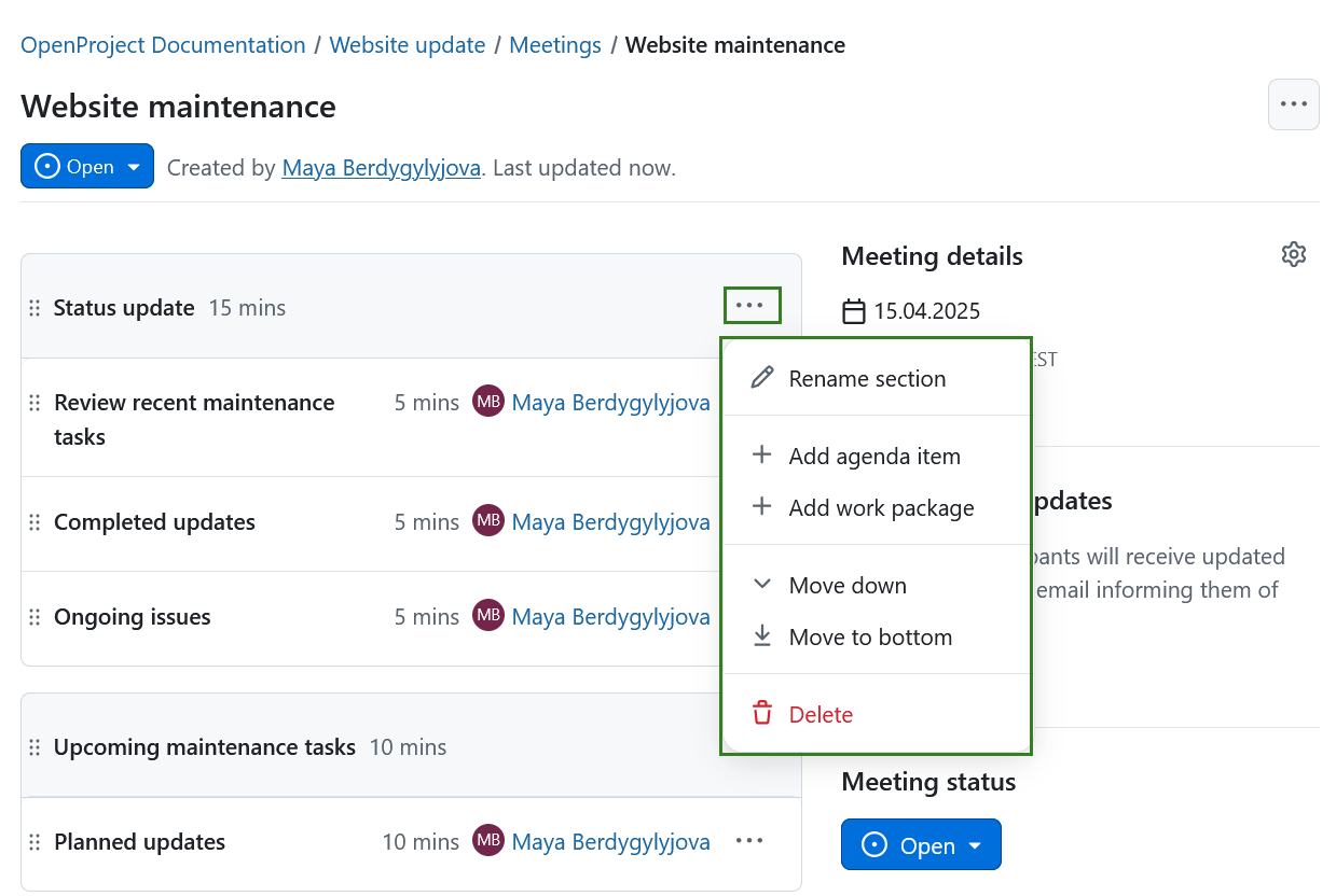 Edit or delete a section in an OpenProject meeting