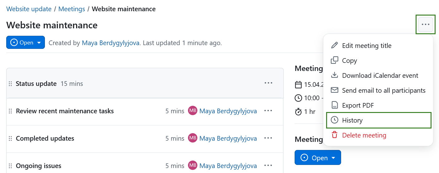 Select Meeting history option in OpenProject meetings
