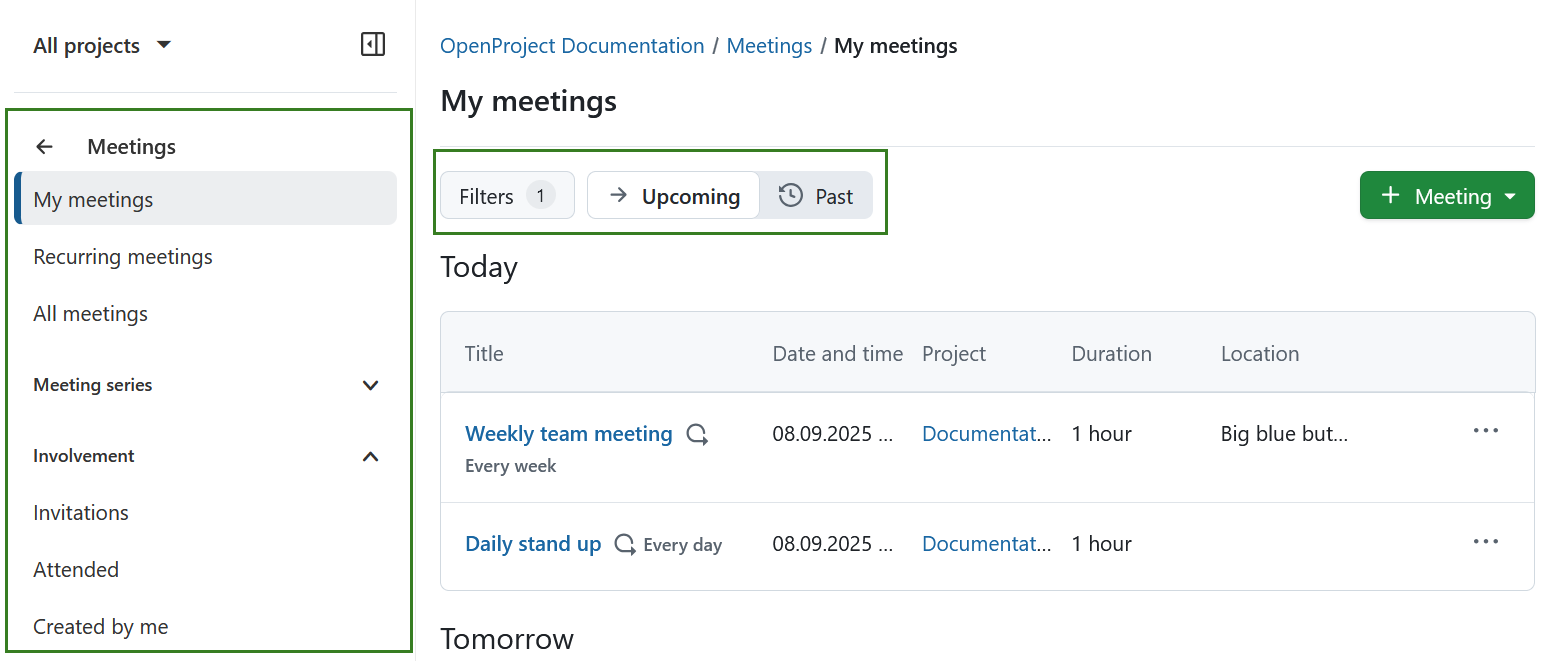 Meetings module side menu in OpenProject