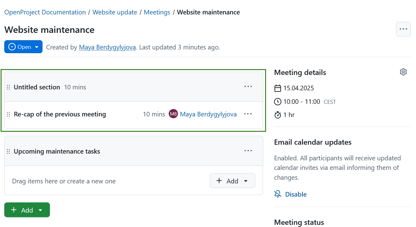 Untitled section in OpenProject meeting