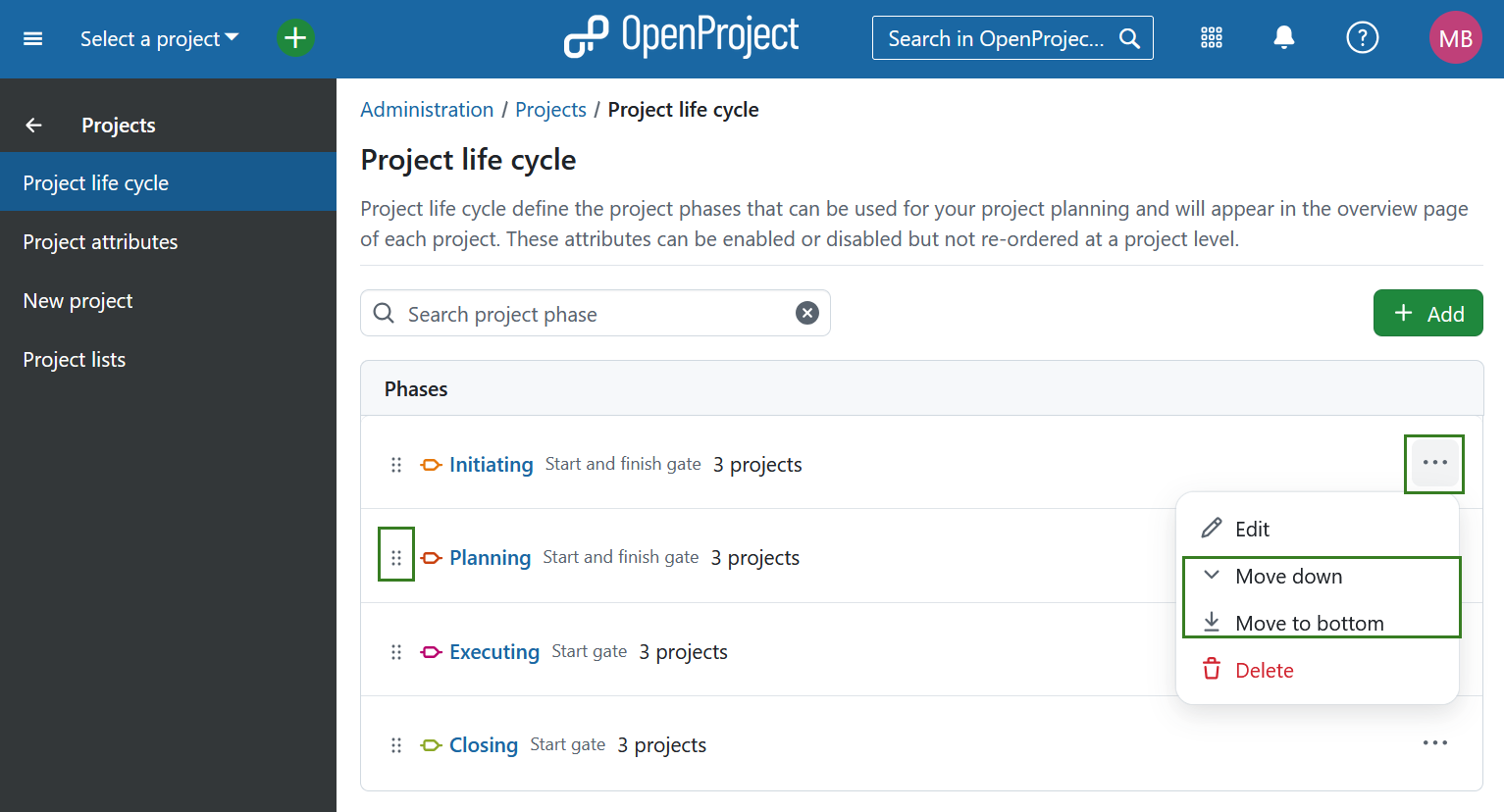 Reorder project phases under OpenProject system settings