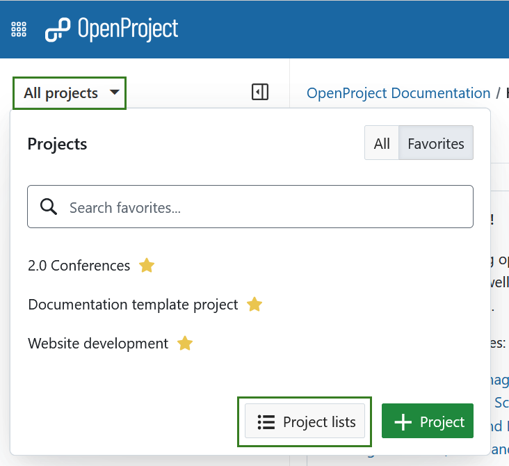 “Project lists” button at the bottom of the All projects dropdown menu in the header navigation of OpenProject