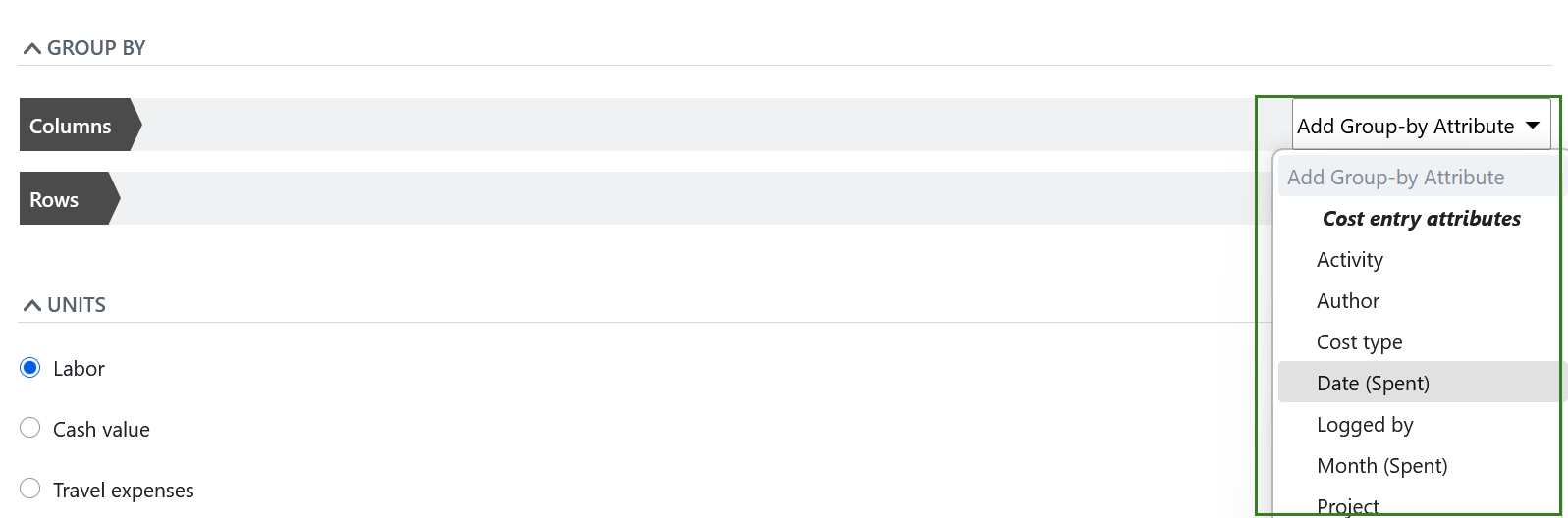Group time and costs report by attributes in OpenProject