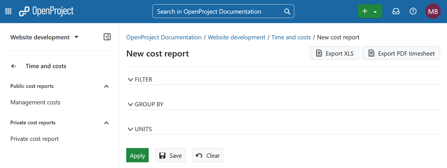Time and costs module in OpenProject