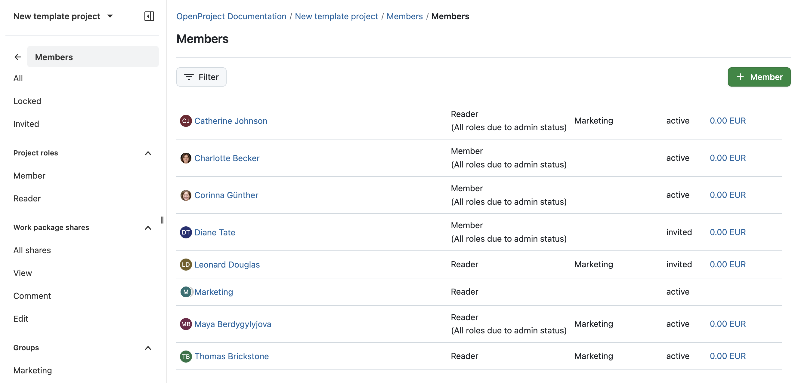 members module shown with a few members