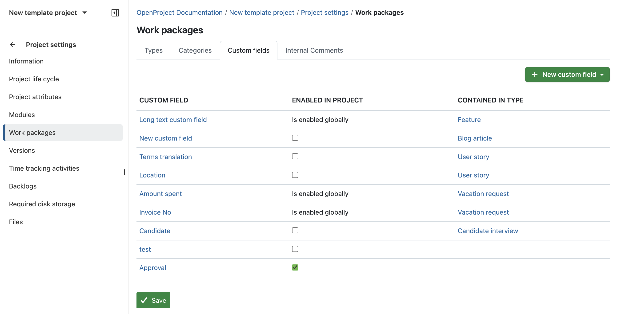 Showing active custom fields for the project