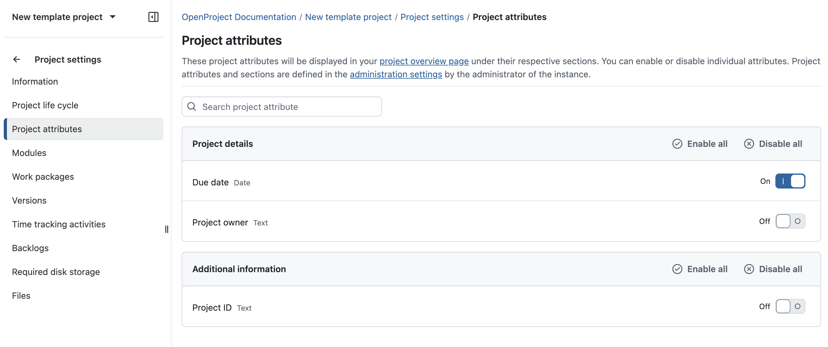 Showing active project attributes for the project