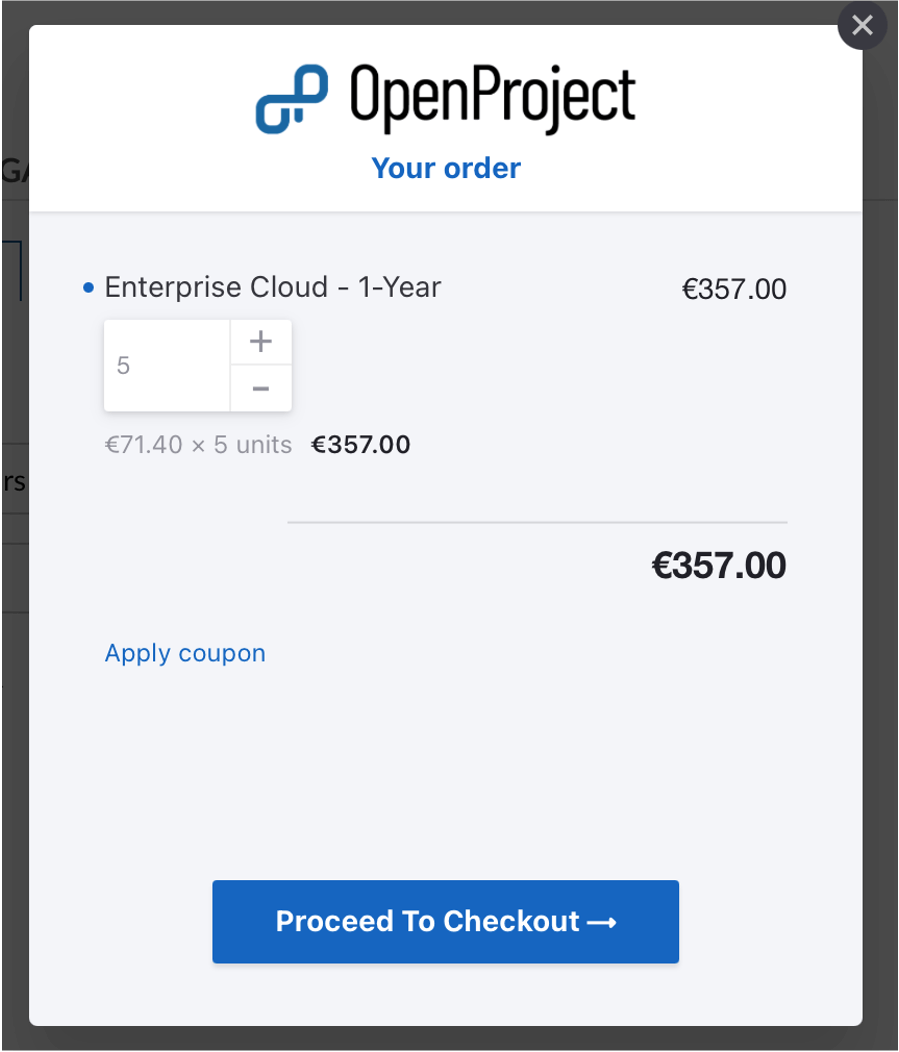 Proceed to checkout button in OpenProject administration