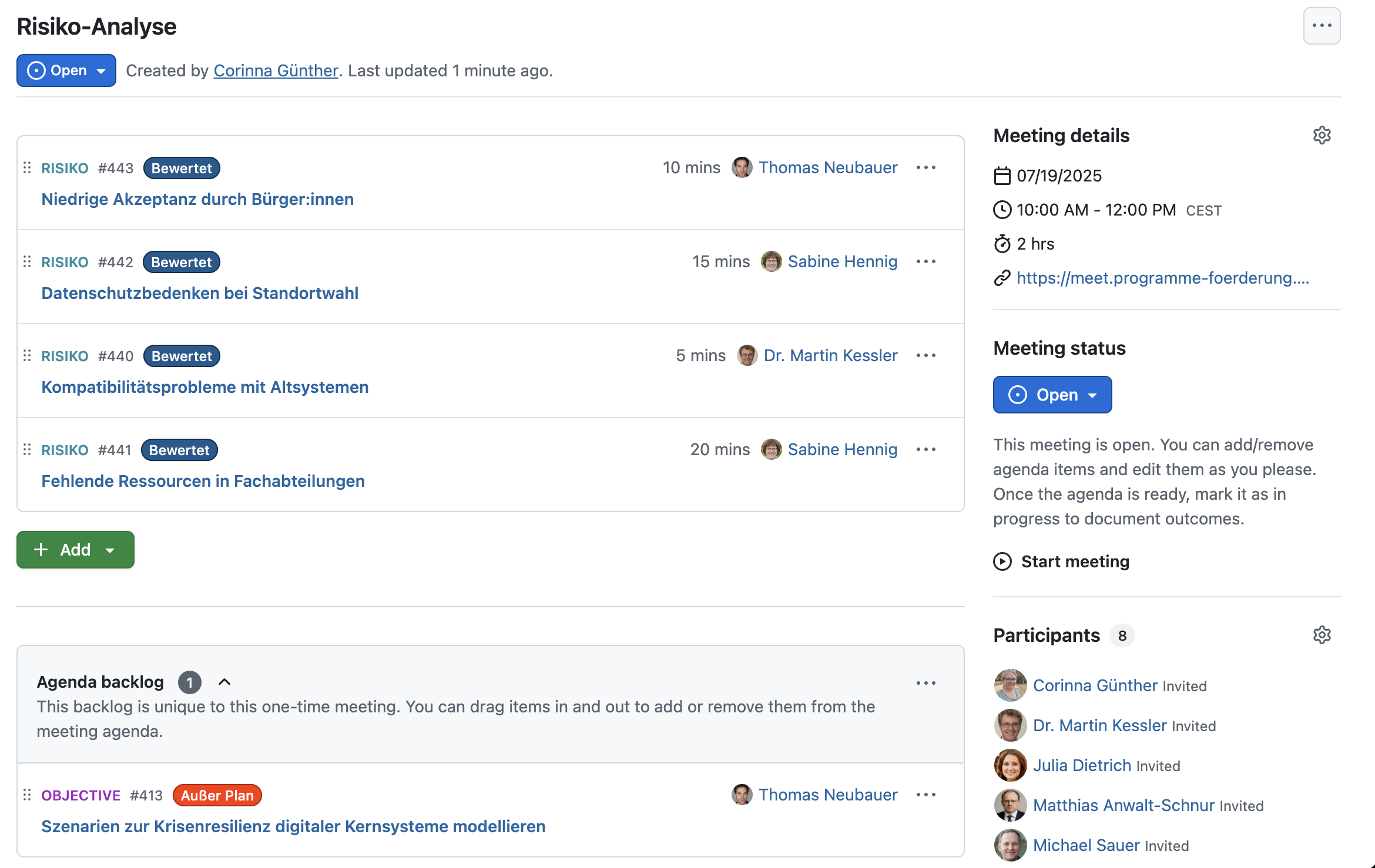 Besprechungen mit Risiko-Arbeitspaketen