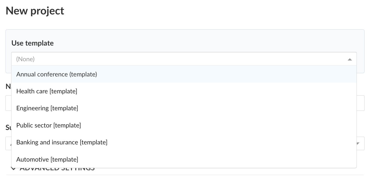 drop down menu for templates with different templates showing
