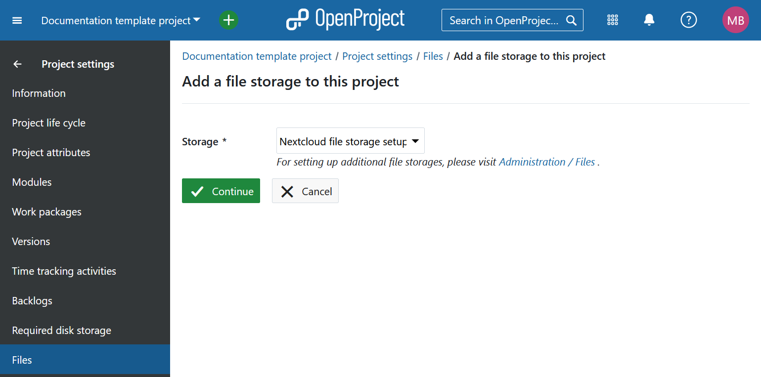 Add a file storage to a project under project settings in OpenProject